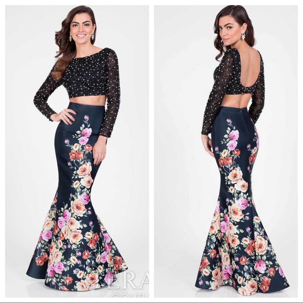 Rose printed mermaid 2 two piece gown beaded